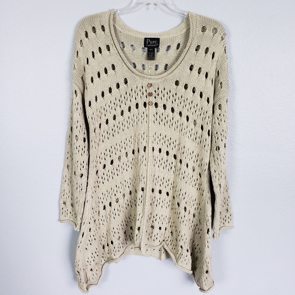 PURE HANDKNIT Open Knit Boho Sharkbite Hem Sweater Lagenlook Sz M/L